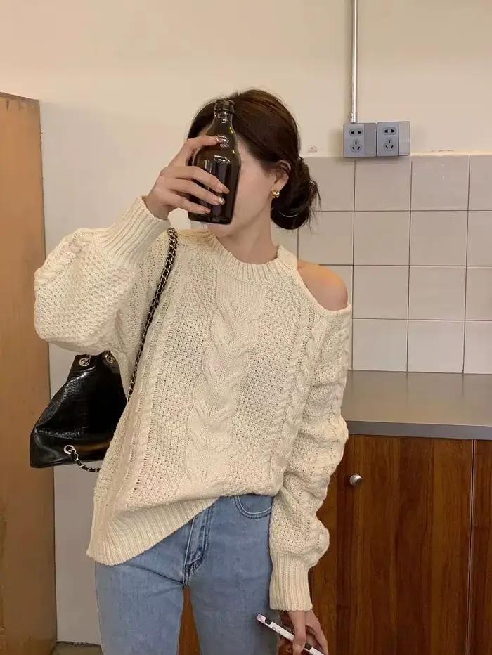 Pull rétro en tricot torsadé à épaules dénudées pour femmes