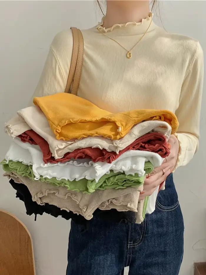 AOSSVIAO 2026 Nouveau Pull Femme Automne Hiver Manches Longues Haut Basique Mode Froncé Élastique Tricoté Uni