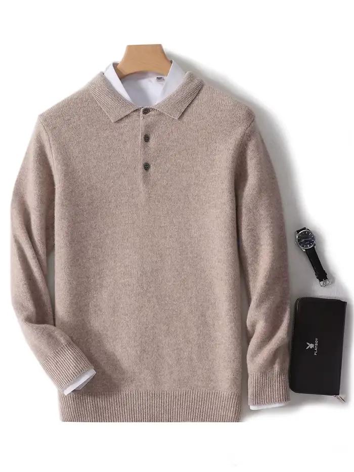 Pull à col POLO pour hommes, épais, manches longues, pulls d'affaires, 100% laine mérinos, chemise en tricot, vêtements de base, nouvelle collection automne hiver