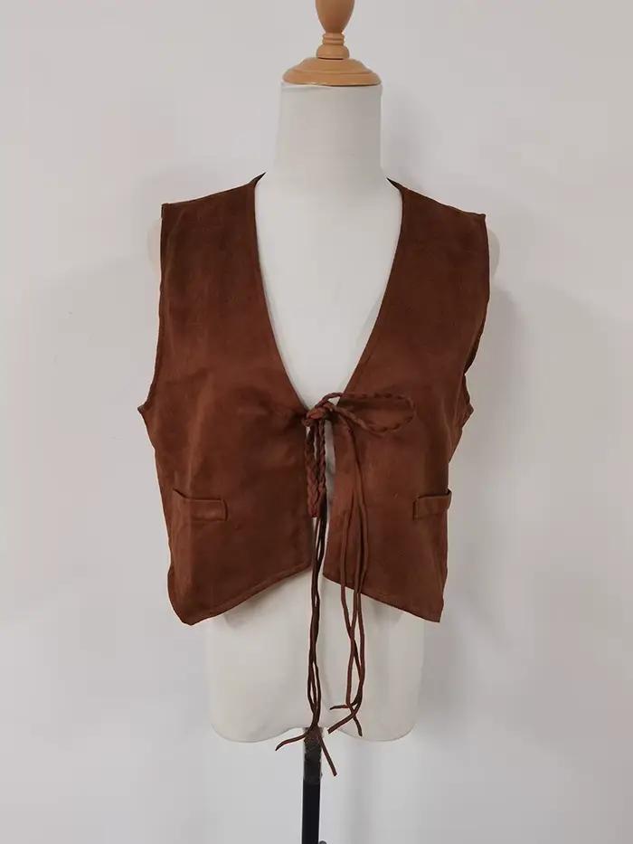 Cardigan en daim plié couleur café Vintage à lacets col en v gilet femmes automne hiver Style court Casaco Feminino