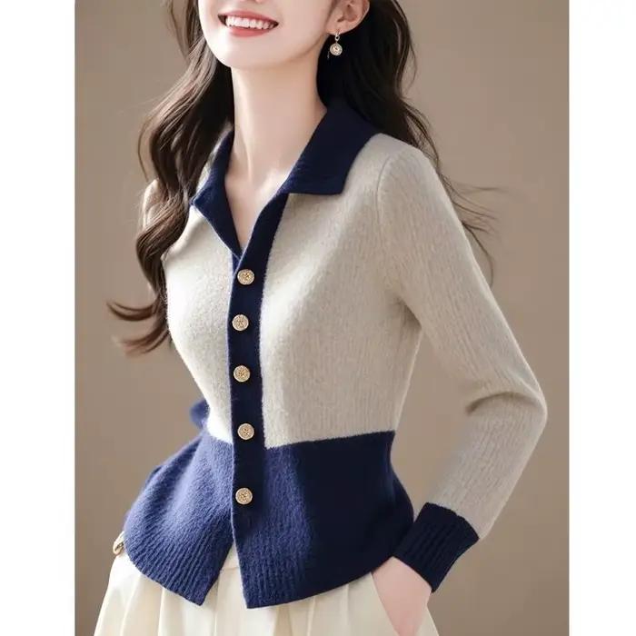 Femmes pull tricoté 2026 nouveau printemps automne mode col Polo couleur bloc tricots Cardigan manteau polyvalent