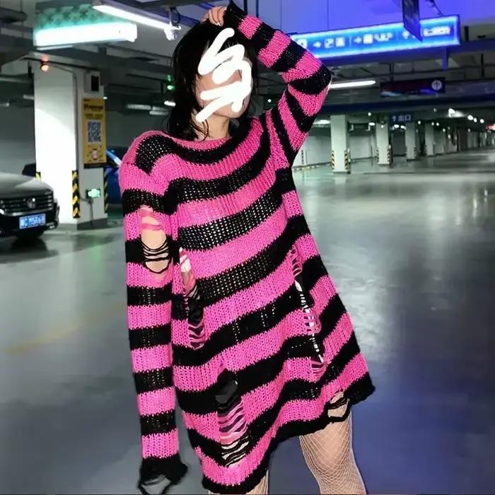 Nouveau violet rayé gothique chandails femmes déchiré trous lâche tricoté pull effiloché fée Grunge pulls Emo Streetwear Lolita