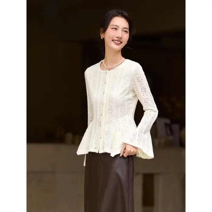 VIMLY Cardigan Élégant pour Femme Hiver 2026 Décontracté Uni Manches Cloche Col Rond Blouse en Dentelle Coupe Ajustée