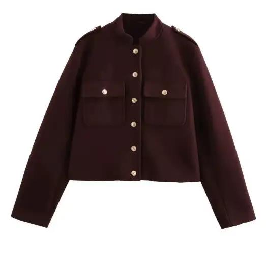 Veste courte à col montant pour femmes, manteau Vintage décontracté à Double boutonnage