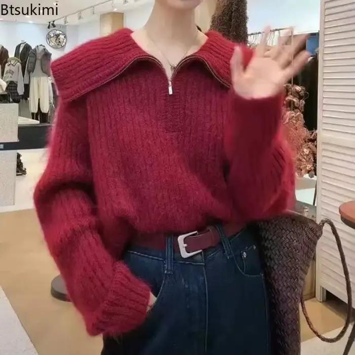 Pull tricoté à demi-fermeture éclair pour femme
