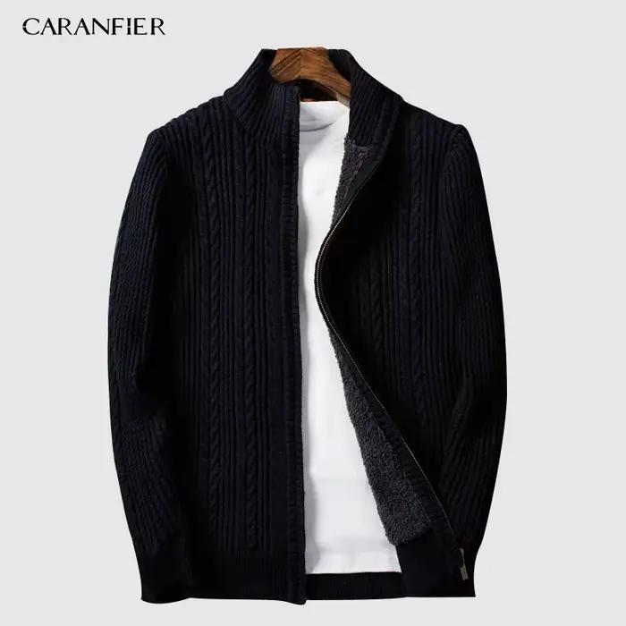 CARANFIER velours fermeture éclair marque chandails hommes tricoté Cardigan coupe ajustée vêtements solide côtelé bas pull tricots manteaux 3XL