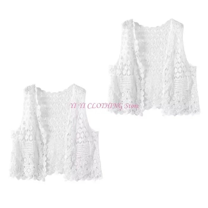 Gilet cardigan court sans manches en crochet pour femme