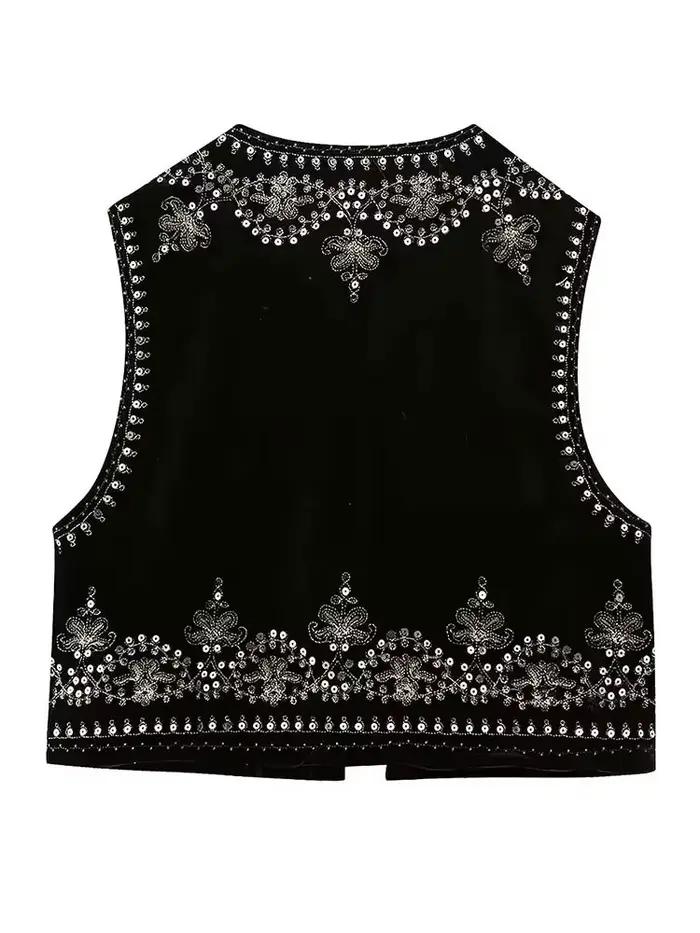 Gilet Vintage Automne en Velours Brodé Col en V Chic pour Femmes Occasions Spéciales Automne Hiver Polyester Coton