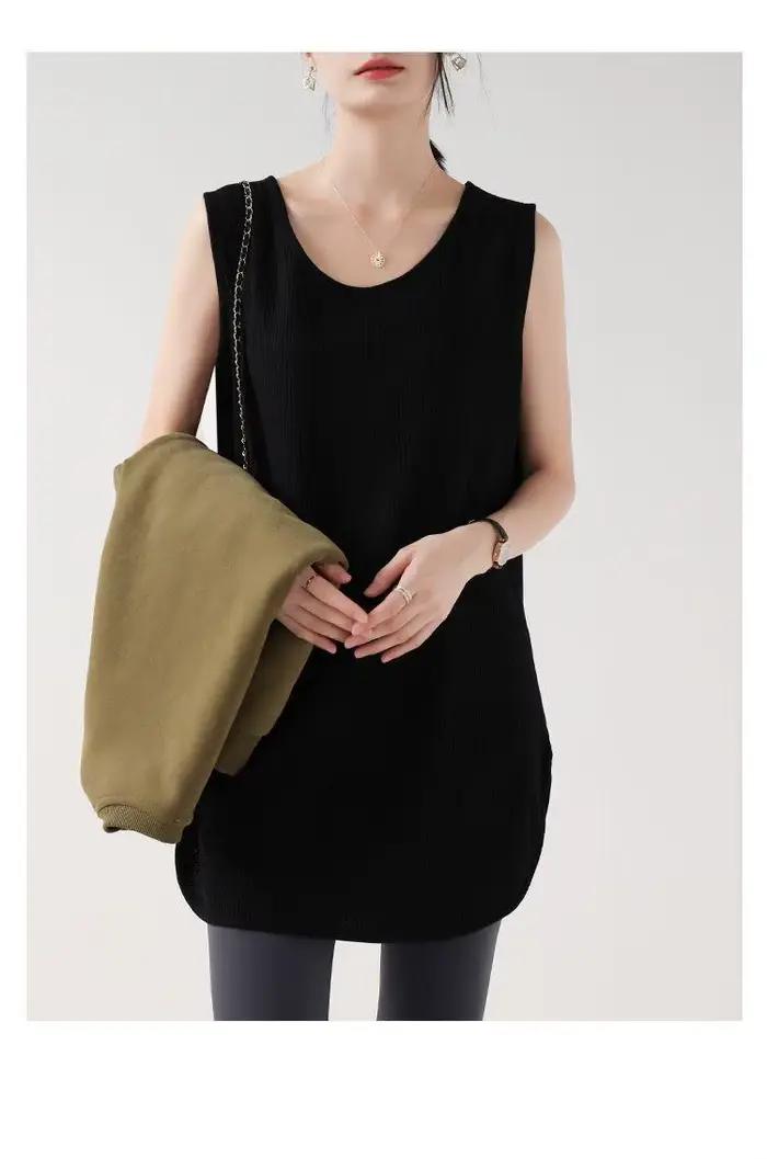 Gilet sans bretelles mi-long ample vert militaire à motif gaufré classique et polyvalent pour femme