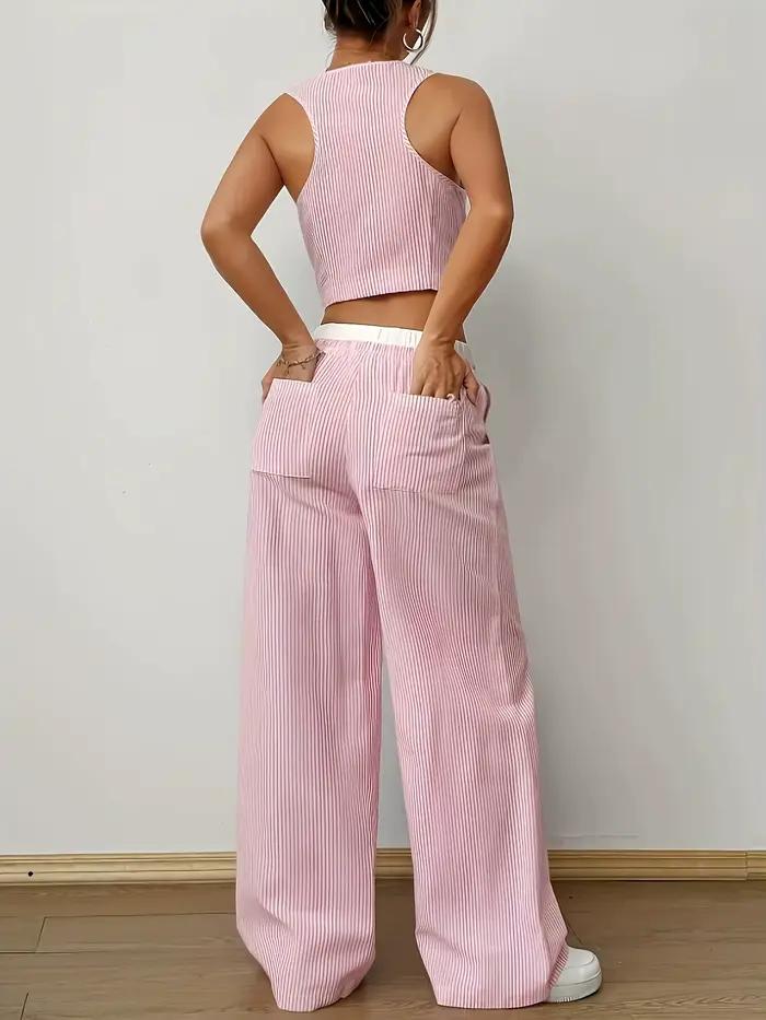 2025 nouveau élégant rayé sans manches col en v gilet + taille contraste couleur pantalon deux pièces ensemble été femmes ensembles mode costume haut