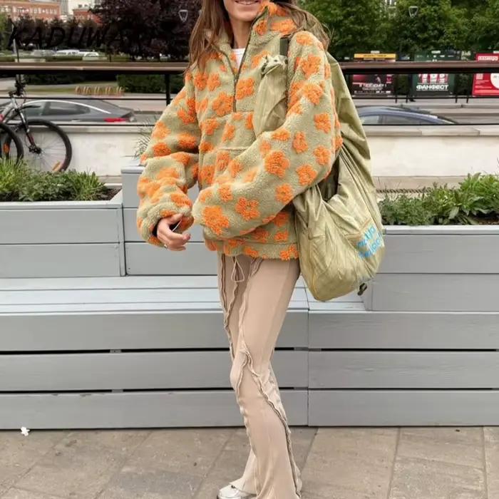 KADUWAKI rétro noël femmes mode polaire fleur fleurs chandails coton ample chaud fourrure col montant fermeture éclair hauts