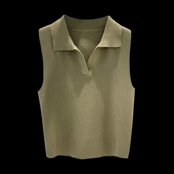 Gilet tricoté sans manches à col Polo pour femme