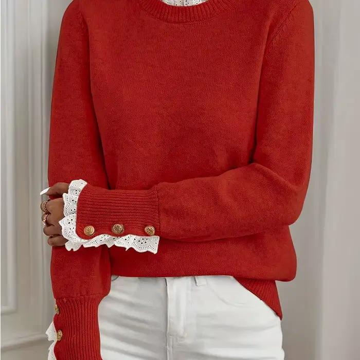 Pull en tricot pour femme avec dentelle, col rond, manches longues et boucle