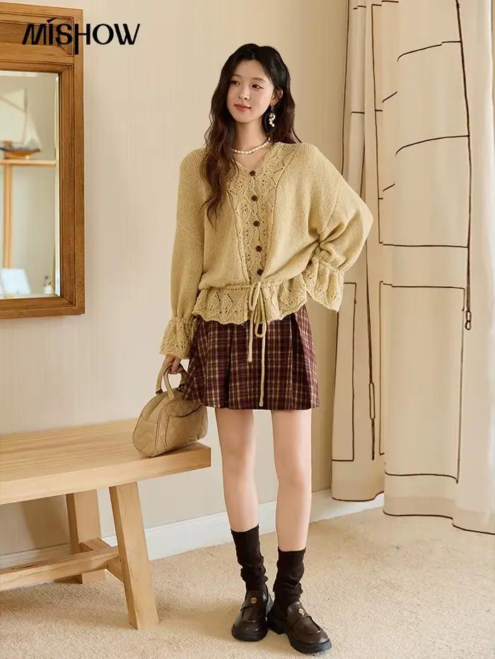 MISHOW pull au Crochet fait à la main Cardigan automne Mohair manches évasées hauts tricotés vague col en v à lacets