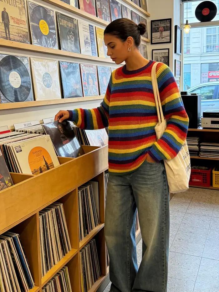 Nouveau Pull Femme 2026 Rayé Arc-en-ciel Vintage Ample Tricoté Manches Longues Décontracté