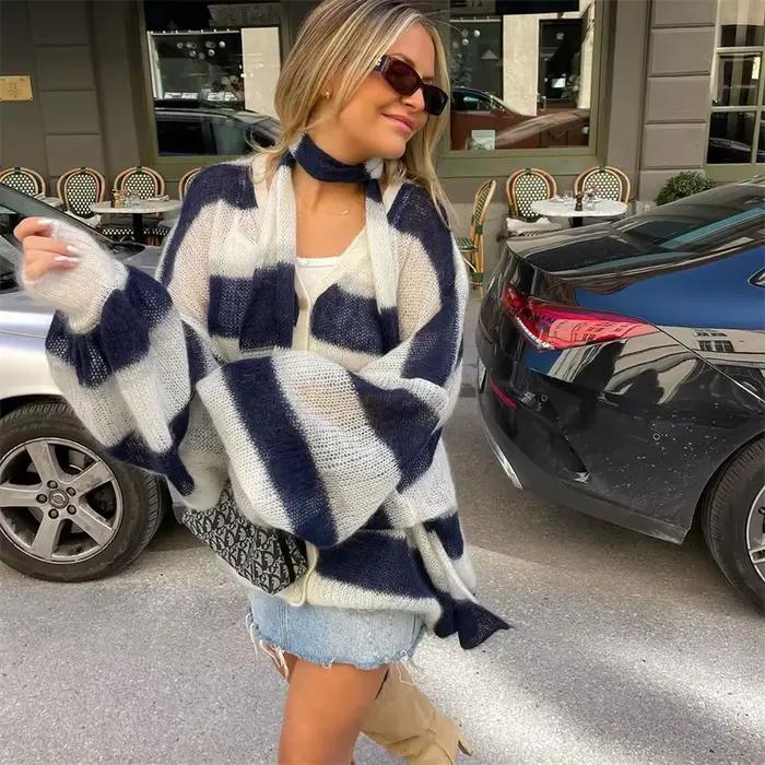 TARUXY mode rayé pull Cardigan avec écharpe femme ample mince creux haut tricoté lanterne manches contraste couleur