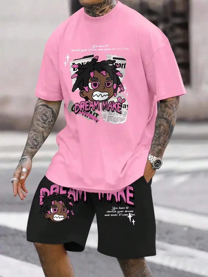 T-shirt d'été décontracté à col rond pour hommes, imprimé de personnages de dessins animés et de motifs de lettres, sl court léger et respirant