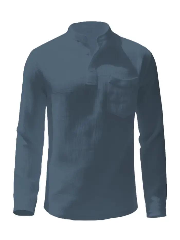 Chemise décontractée pour homme à col montant, manches longues, boutonnée