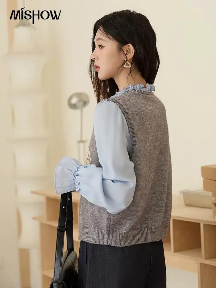 MISHOW femmes gilets tricotés 2025 automne solide brodé gilet col en v cravate courte vêtements d'extérieur amples polyvalent haut en tricot MXE45Z1397