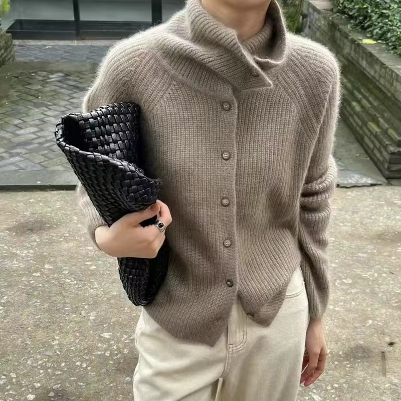 Cardigan à col roulé pour femme, pull en laine pure, ample et épais, base en cachemire, manteau tric